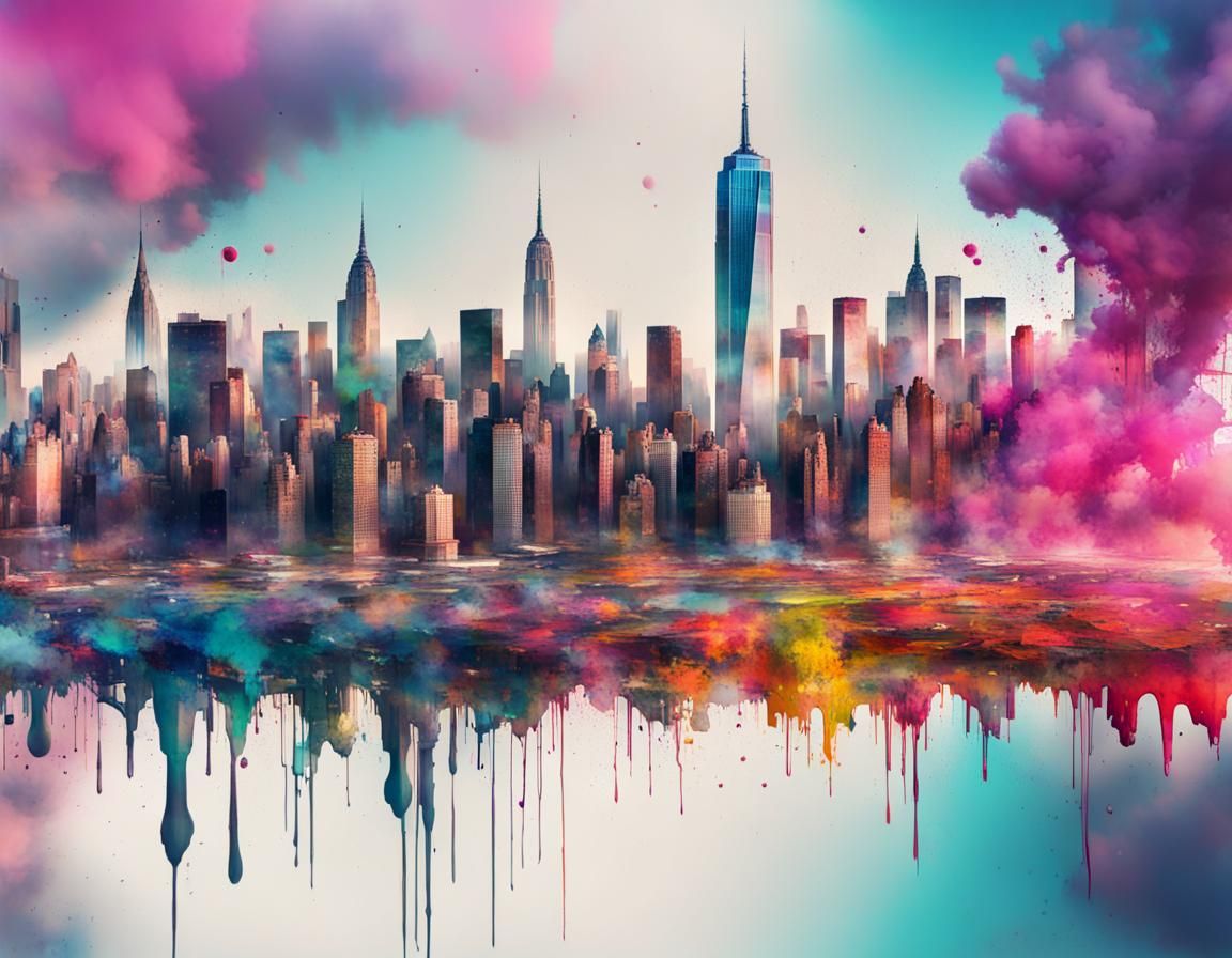 Cityscape Double Exposure with Ink Splashes in Modern Art