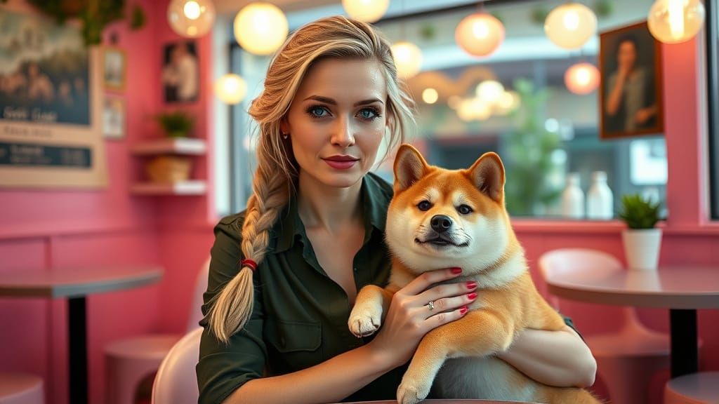 Woman in Pink Cafe with Shiba Inu Dog