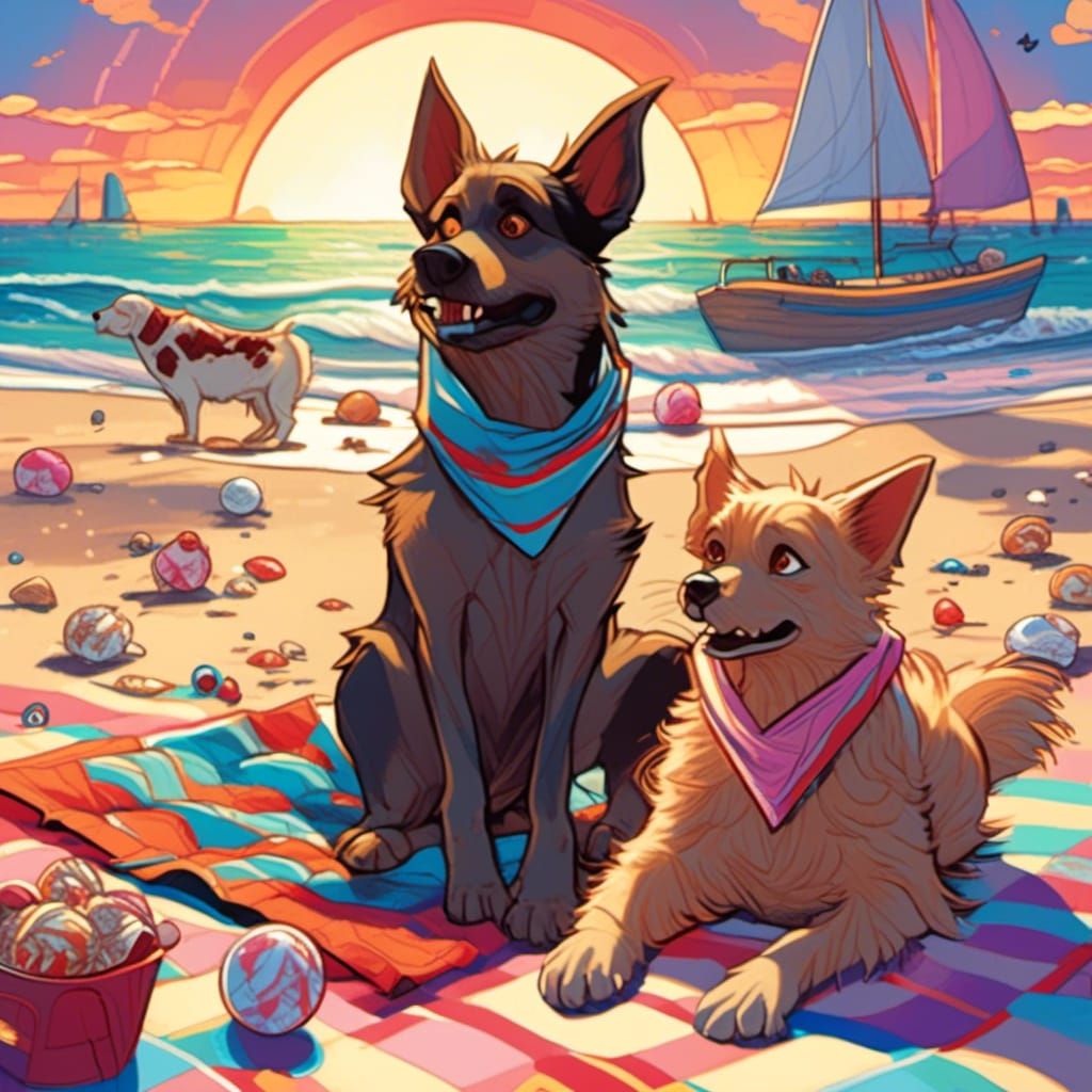 Disney style animated dog and cat, on beach blankets, eating...