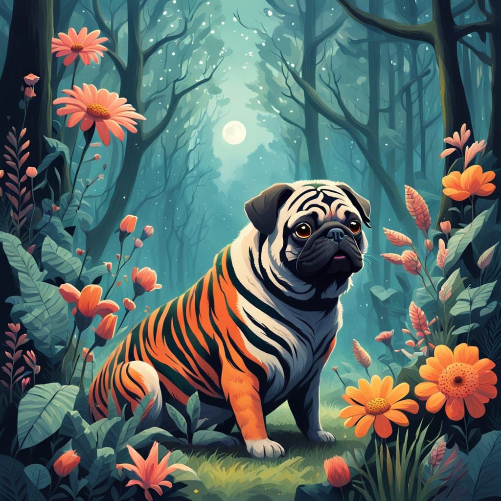 Whimsical Pug Tiger in Dreamy Forest Scene