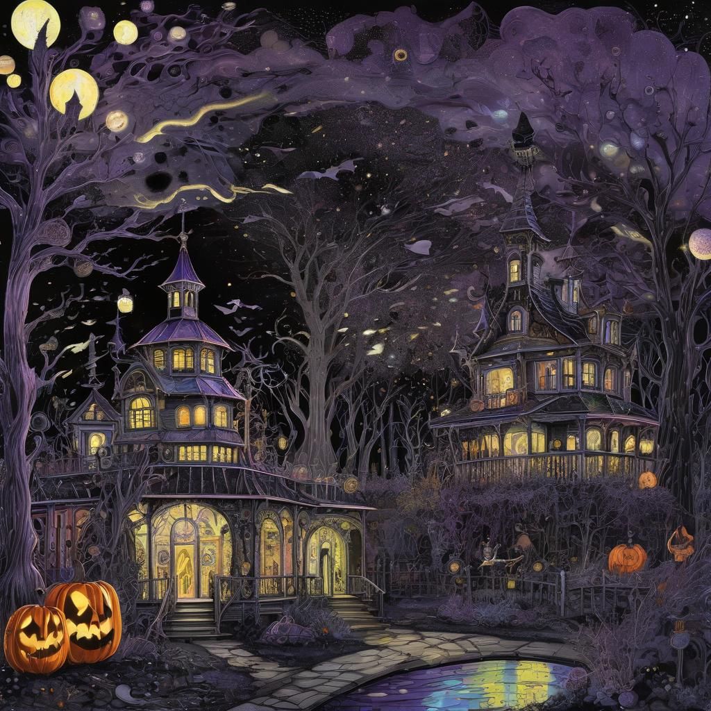 Whimsical Halloween Amusement Park in Pointillism Style