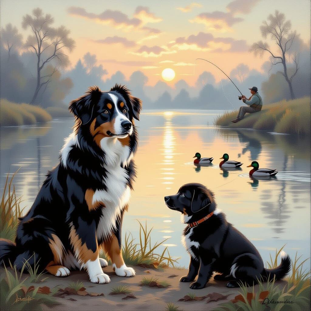 Two Dogs Watch Ducks at Misty Sunrise Riverbank