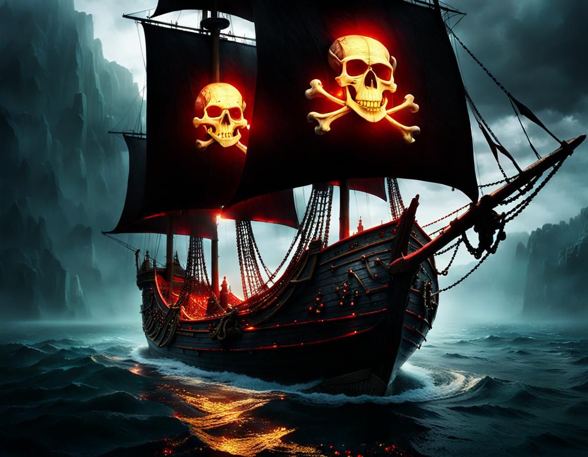 Fantasy Pirate Ship with Skull Crystals, Digital Art