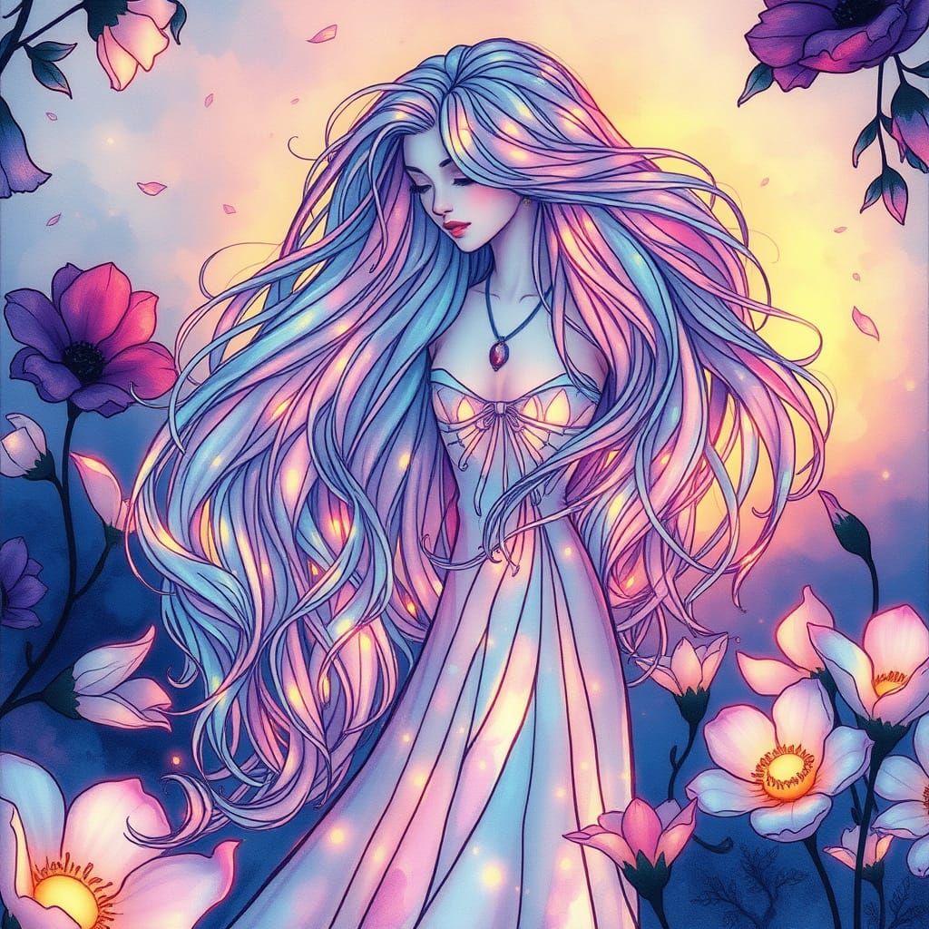 Ethereal Alraune in a Tapestry of Glowing Blooms