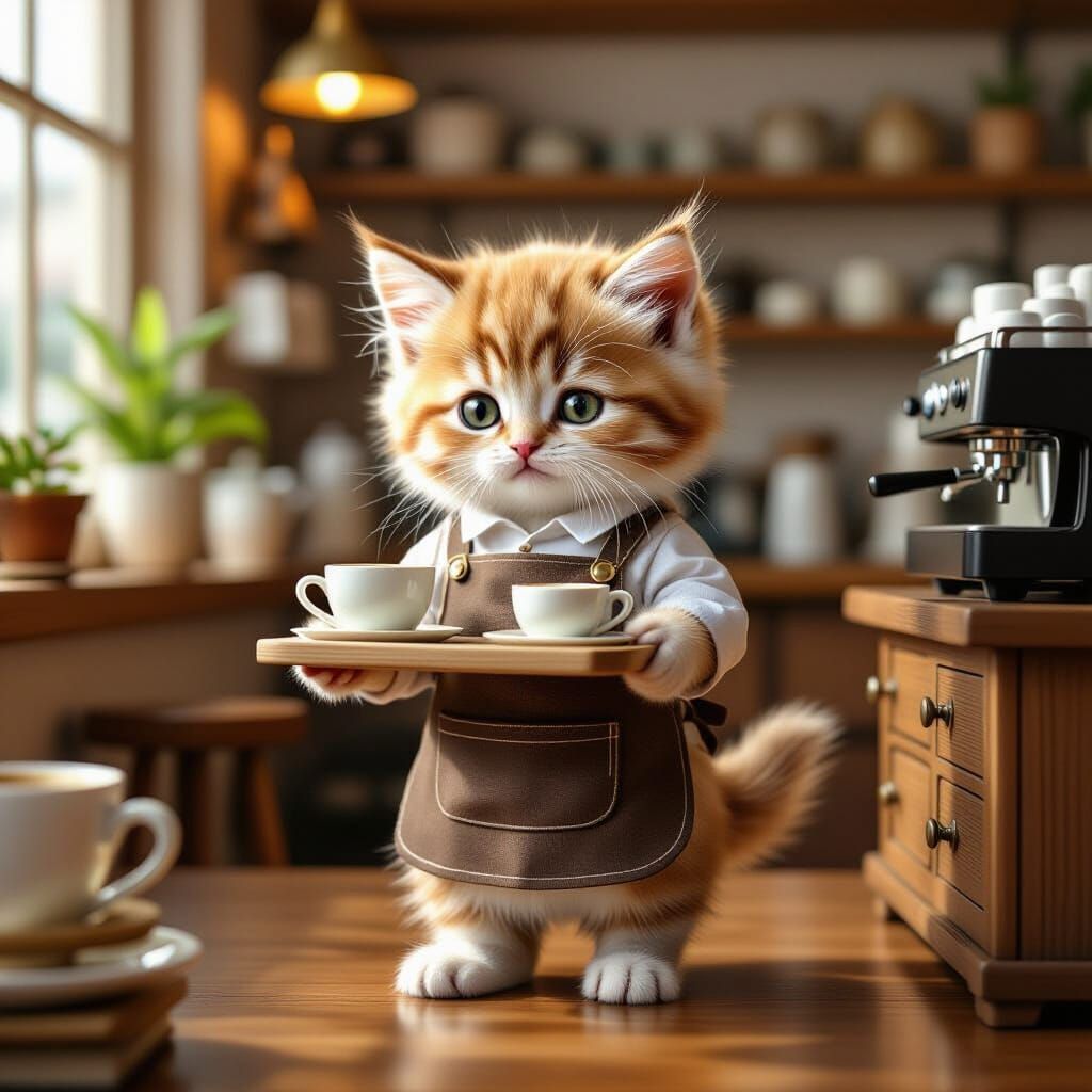 Kitten Barista in Miniature Office: Photorealistic Ultra-Cut...
