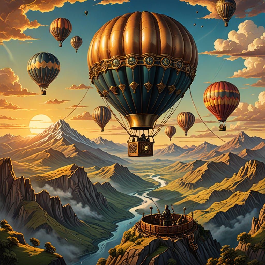 Steampunk Hot Air Balloon Adventure at Sunset
