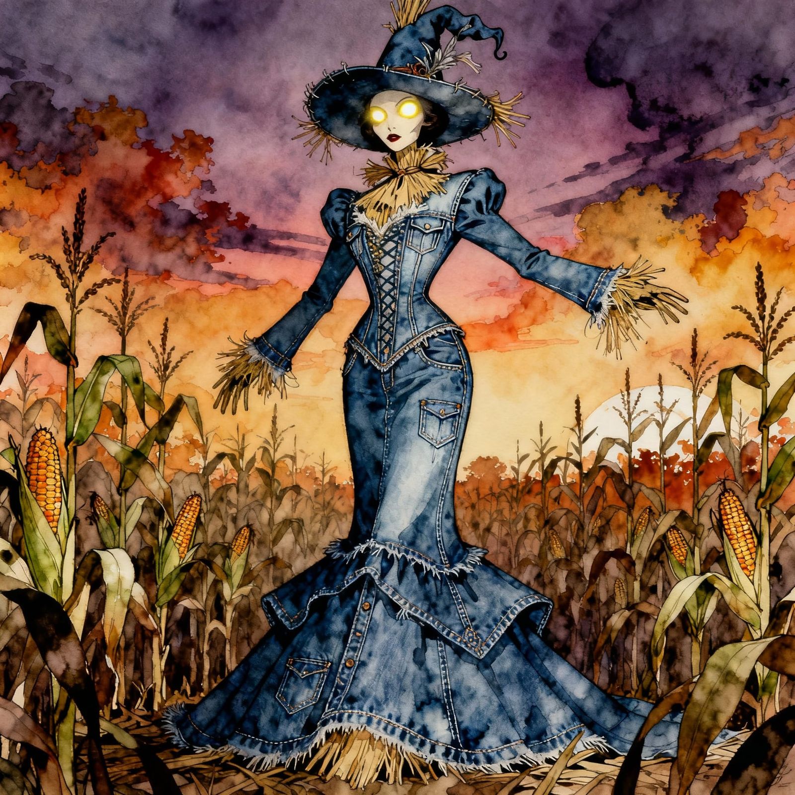 Scarecrow Queen in Haute Couture Denim Outfit