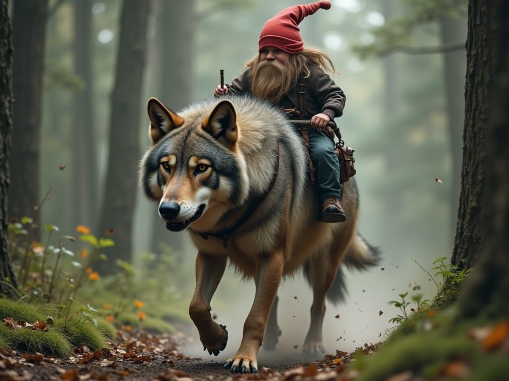 Steampunk Gnome Rides Wolf Through Forest