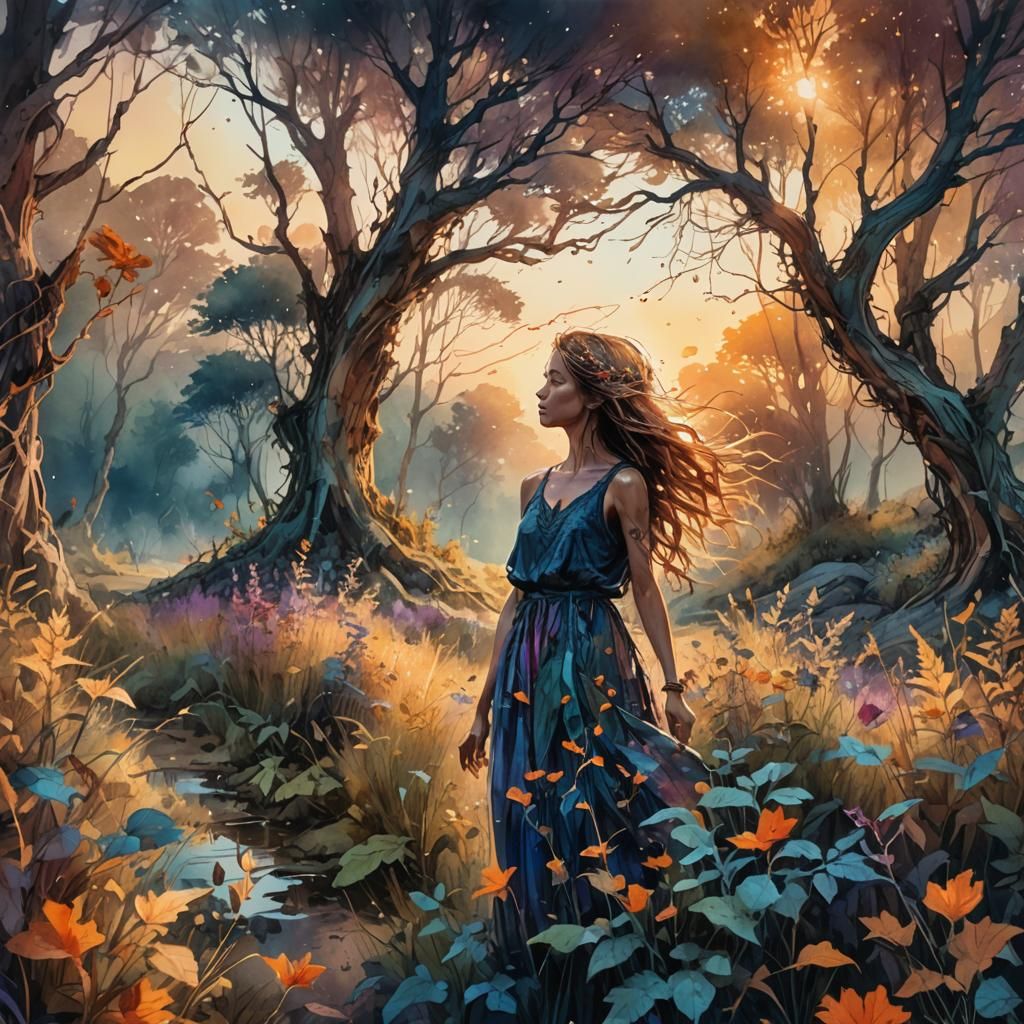 Sunset Summerscape in Digital Watercolor Illustration