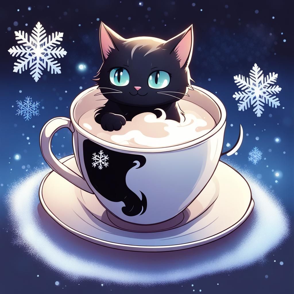 Magical Black Cat with Milk in Fairy Tale Scene