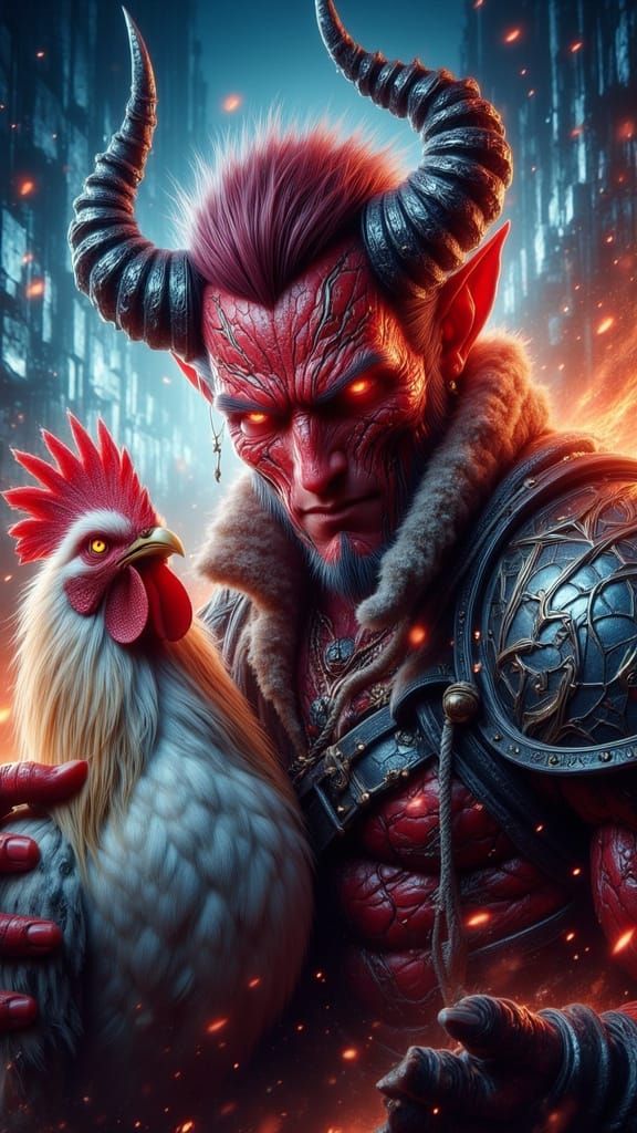 Jovial Devil and Armored Chicken in Anime Style