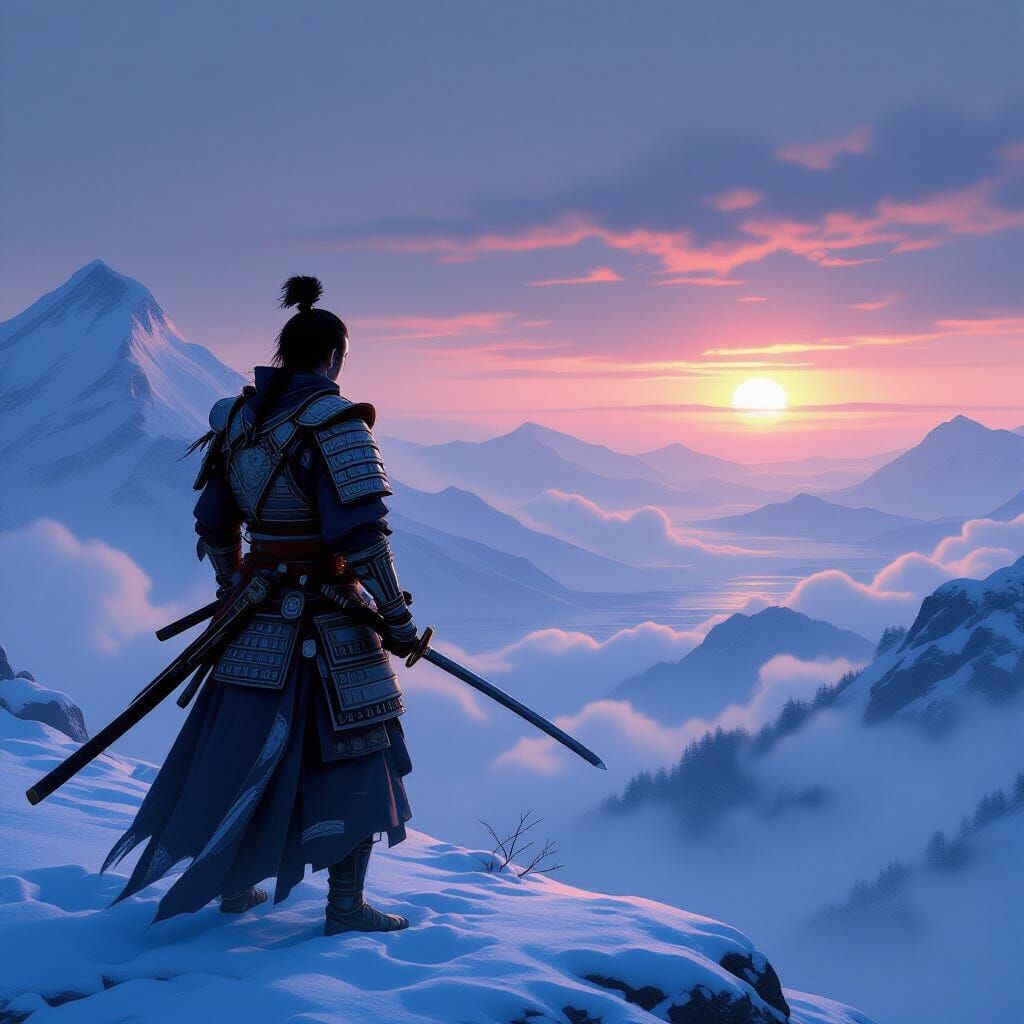 Lone Samurai on Snowy Mountain Peak
