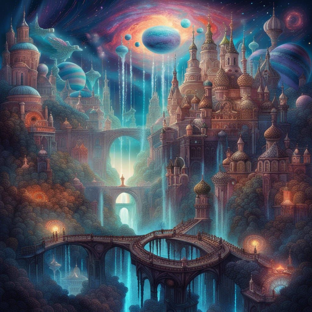 Flying Russian Waterfall City in Dreamcore Style