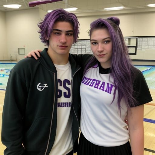 A teenage girl swimmer who has purple hair and pink eyes and teenage boy sport player wresteler who has blound hair and ...