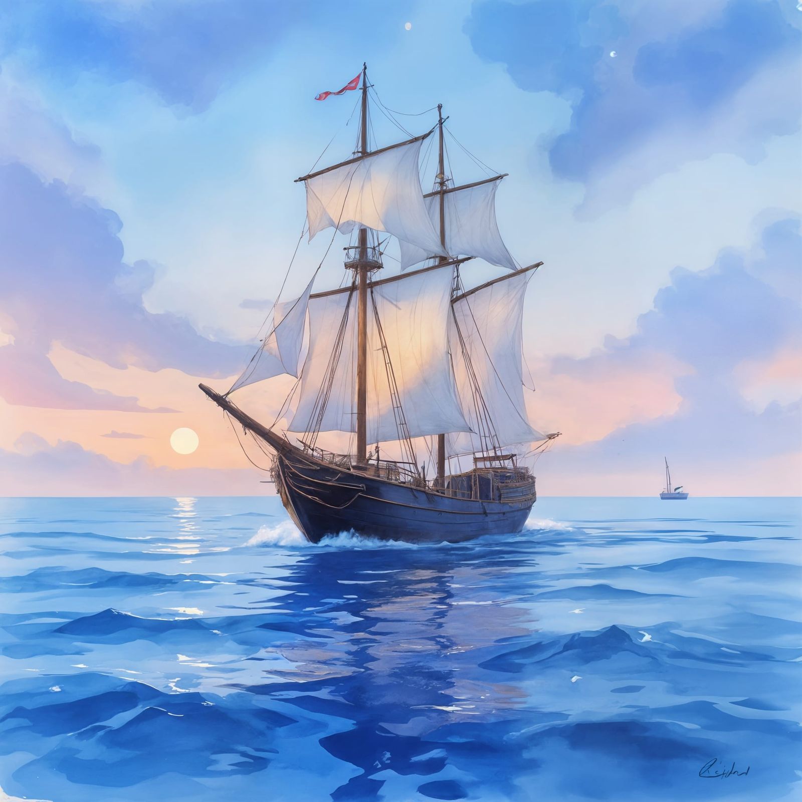 Majestic Ship Glides on Dreamlike Ocean in Twilight