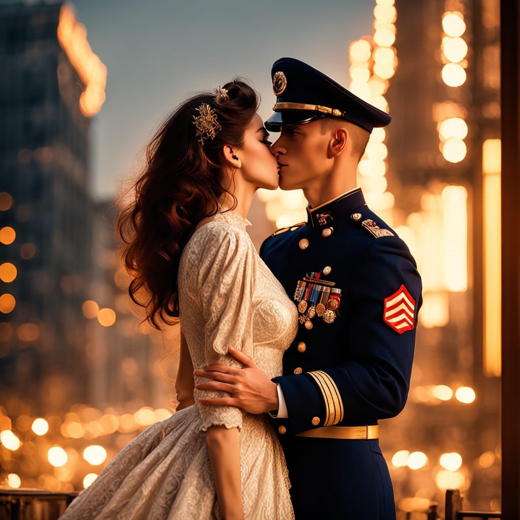 Romantic Kiss Between Bride and Marine in Steampunk Style