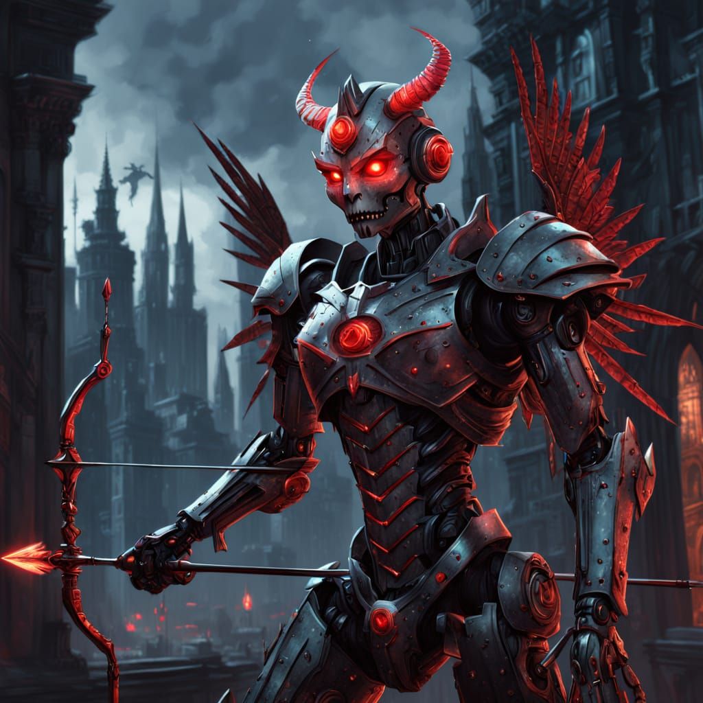 Evil Robot Cupid in Gothic Cityscape Digital Art