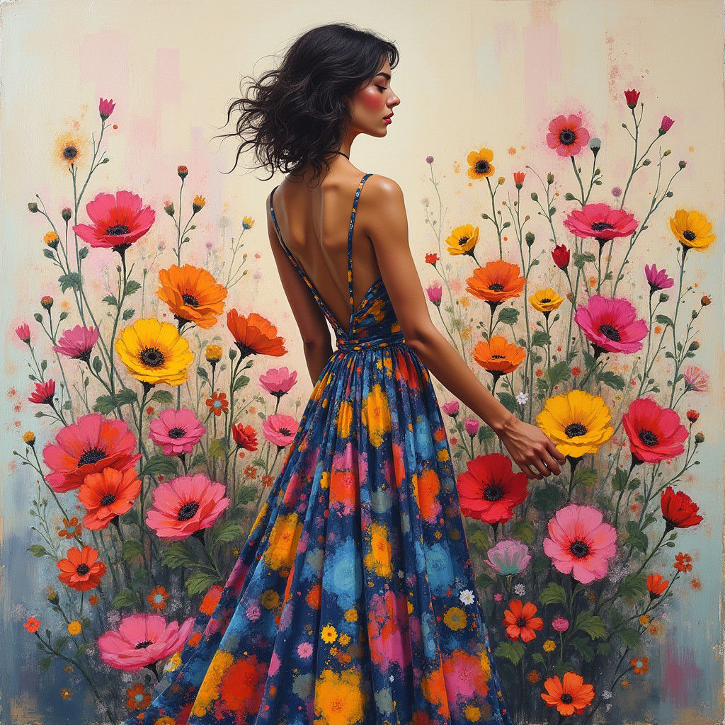 Woman in Flowers, Abstract Expressionist Oil Painting