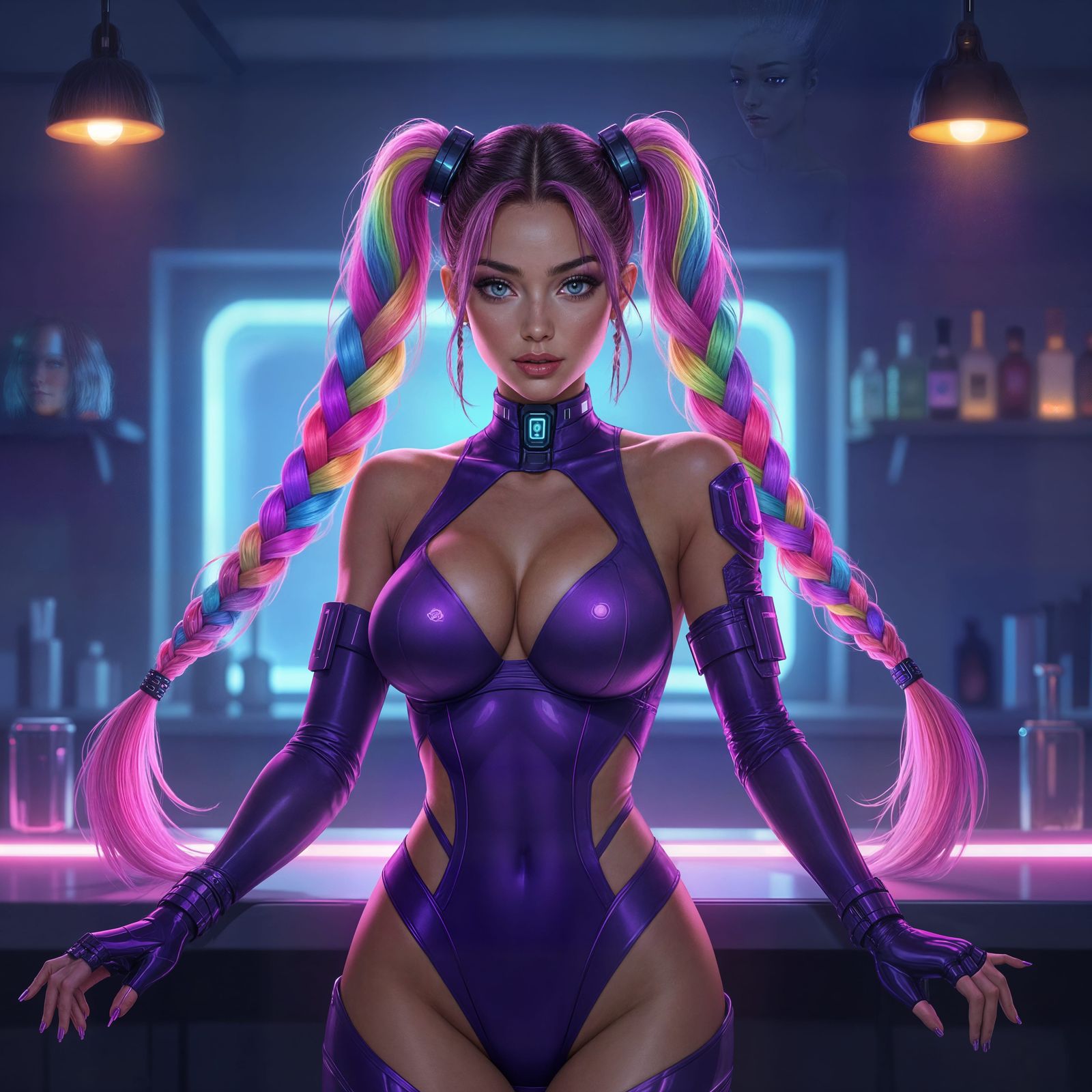 Cyberpunk Woman with Rainbow Hair in Futuristic Bar