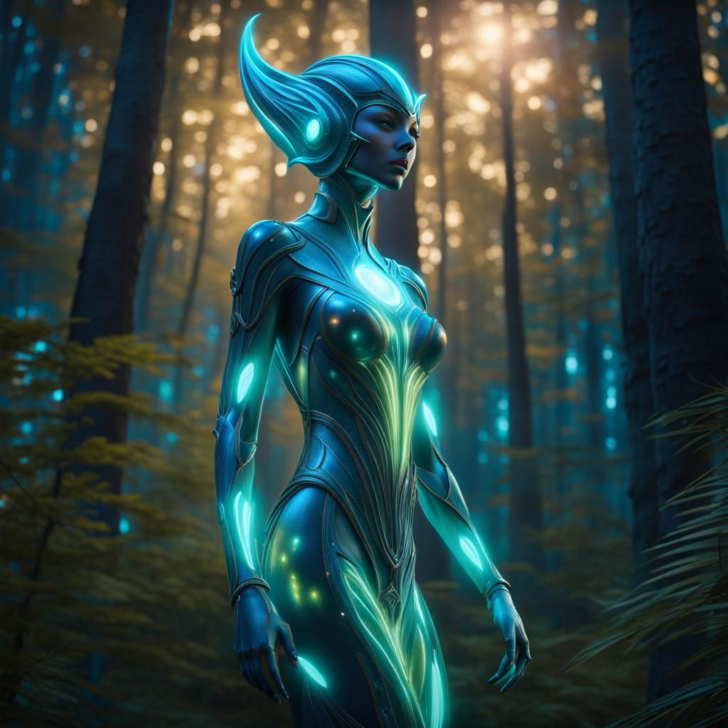 Bioluminescent Alien Goddess in Starry Forest
