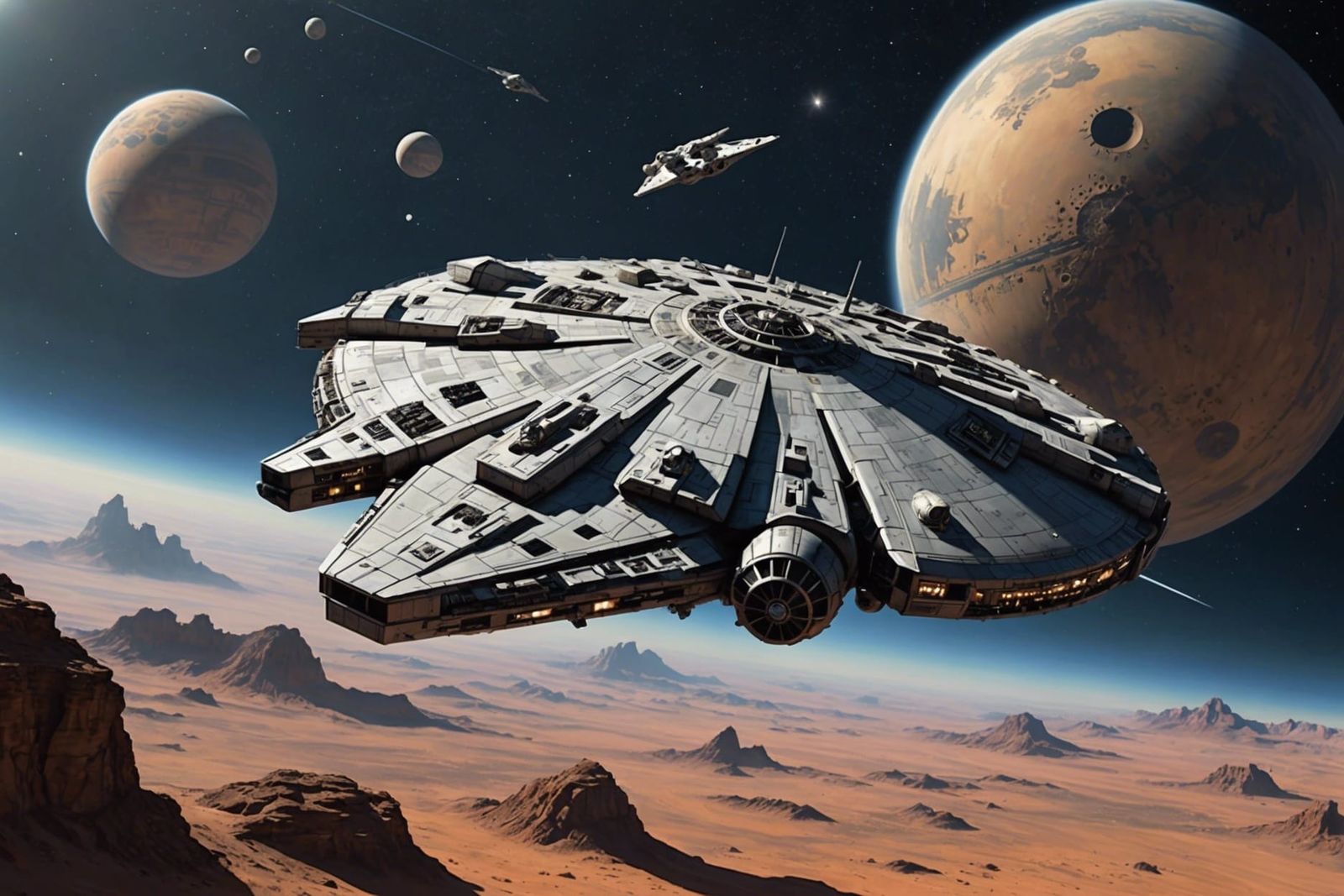 Millennium Falcon Over Planet in Retro-Futuristic Style