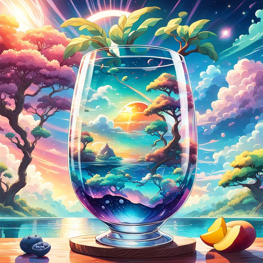 Surreal Fantasy Realm Illuminates a Glass Mango on a Blueber...