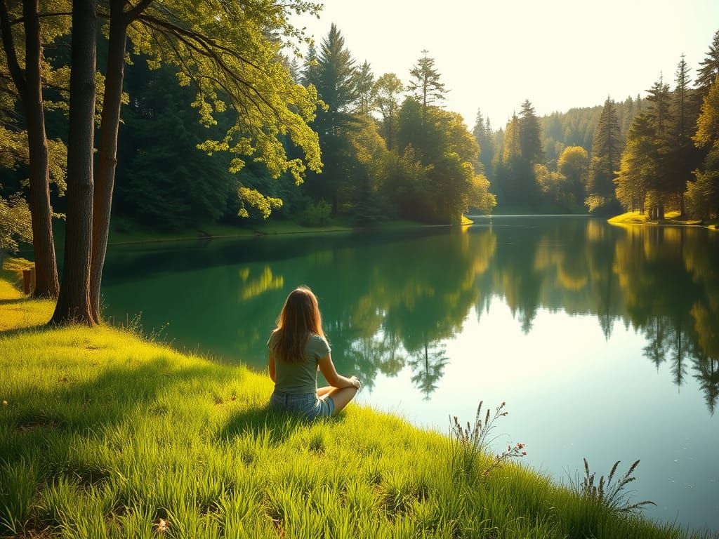 Serene Lakeside Reflection in Vibrant Green