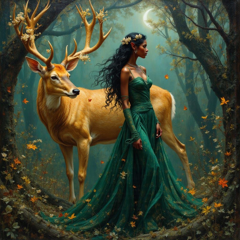 Elven Fashion Model and Golden Stag in Ethereal Forest