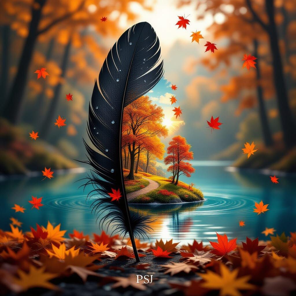 Surreal Autumn Scene With Giant Black Feather