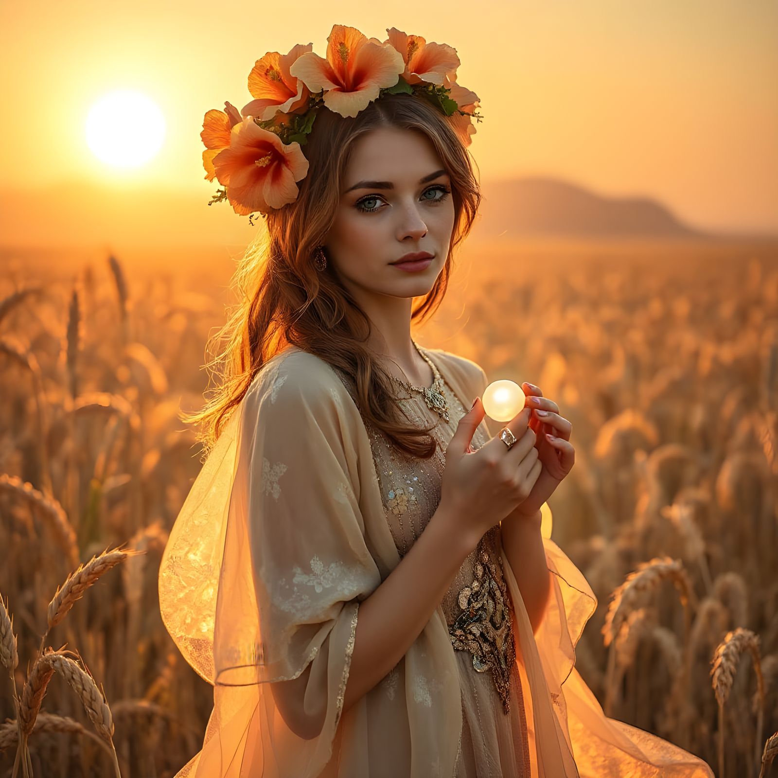 Woman in Hibiscus Crown Amidst Golden Wheat Field at Sunset