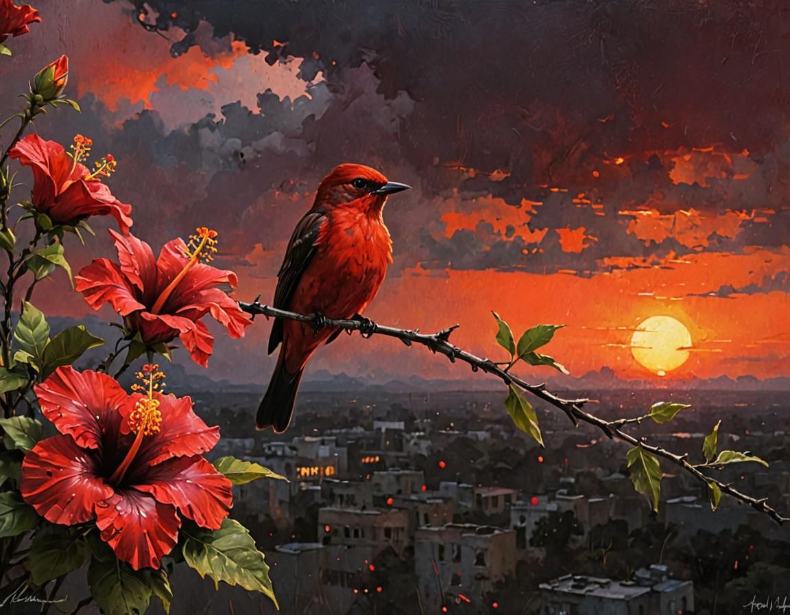 Vermilion Flycatcher with Hibiscus in Oil Painting Style
