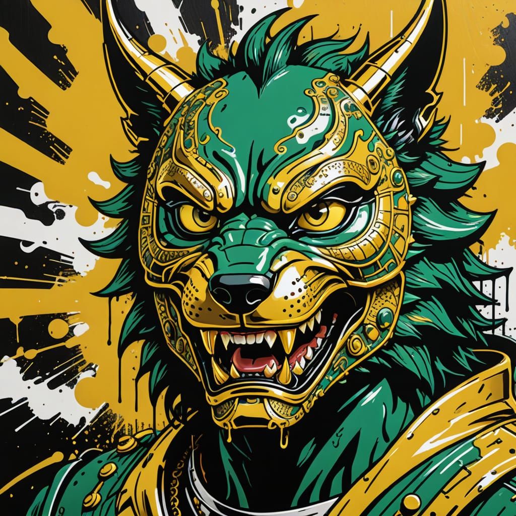 Graffiti Dragon Wolf Helmet in Vibrant Oil Gouache Style