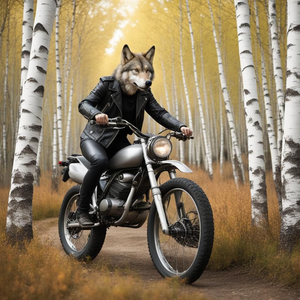 Wolf in Leather Jacket on Bike in Birch Forest