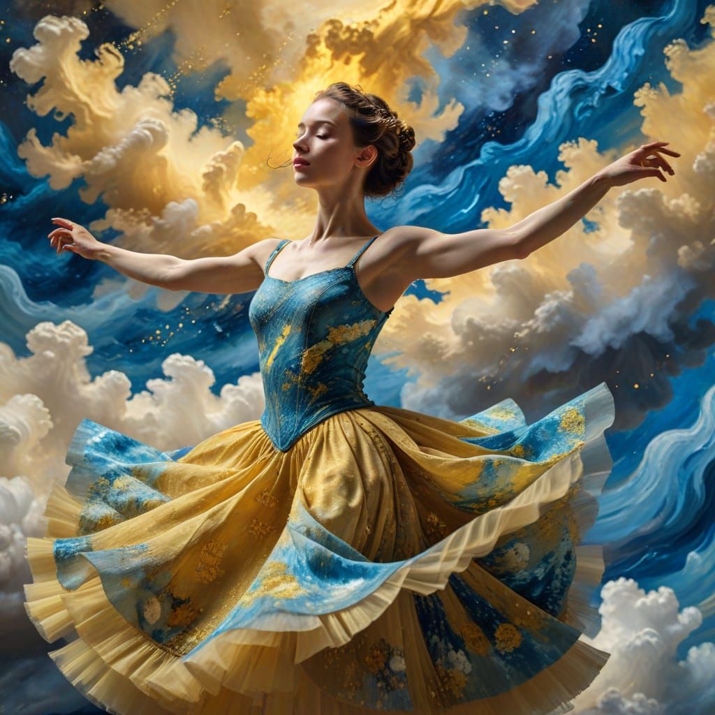 Ballerina Dancing on Cloudy Stage in Van Gogh Style