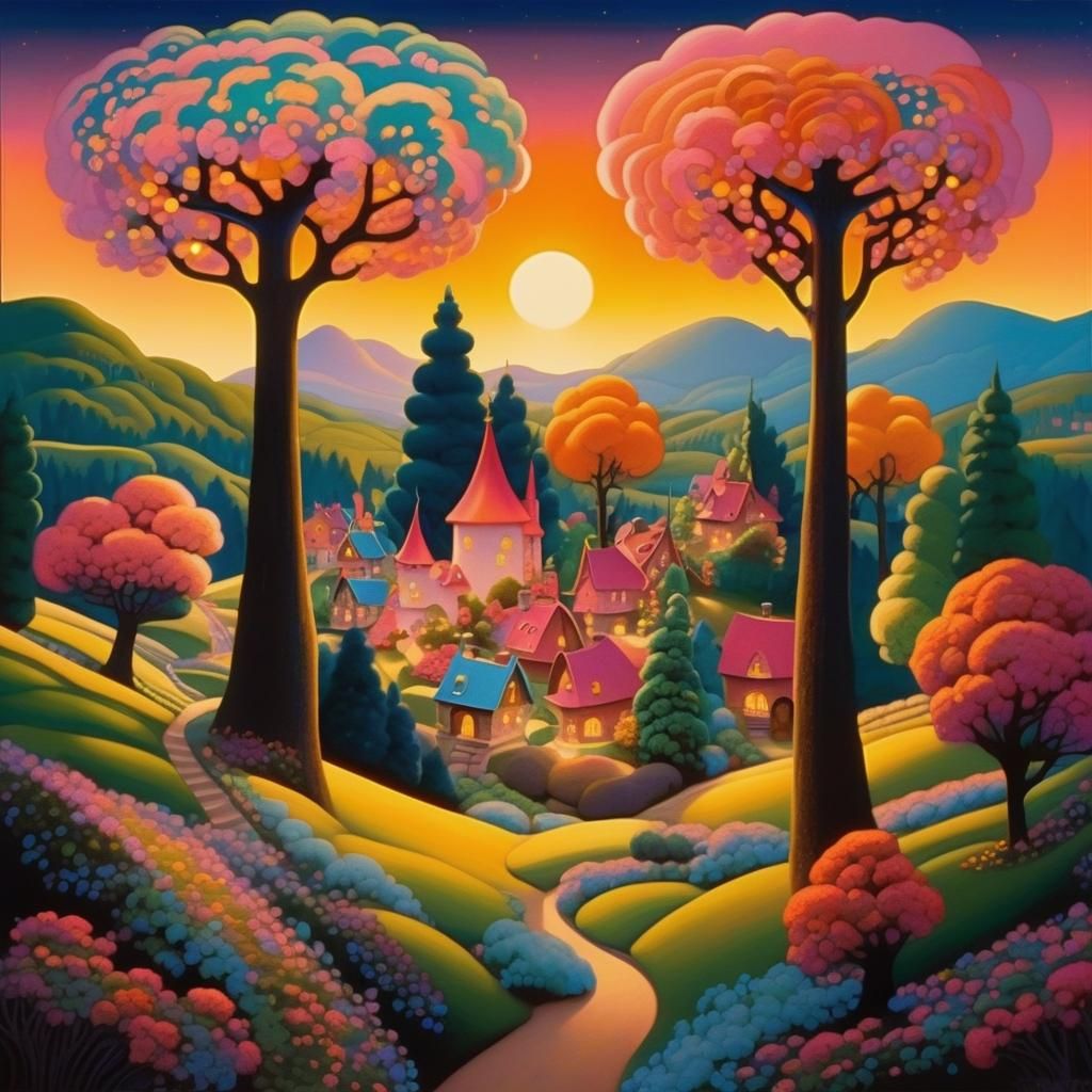 Enchanting Fairy Tale Village in Naive Art Style