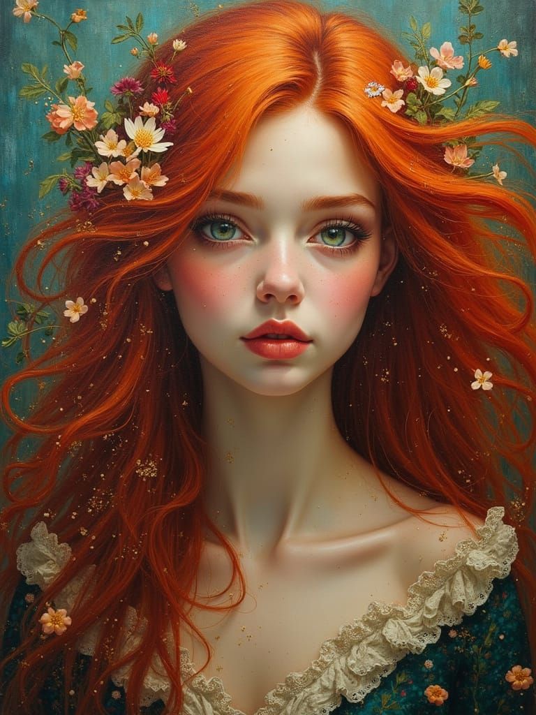 Bohemian Rhapsody, long flowing auburn hair, piercing green ...