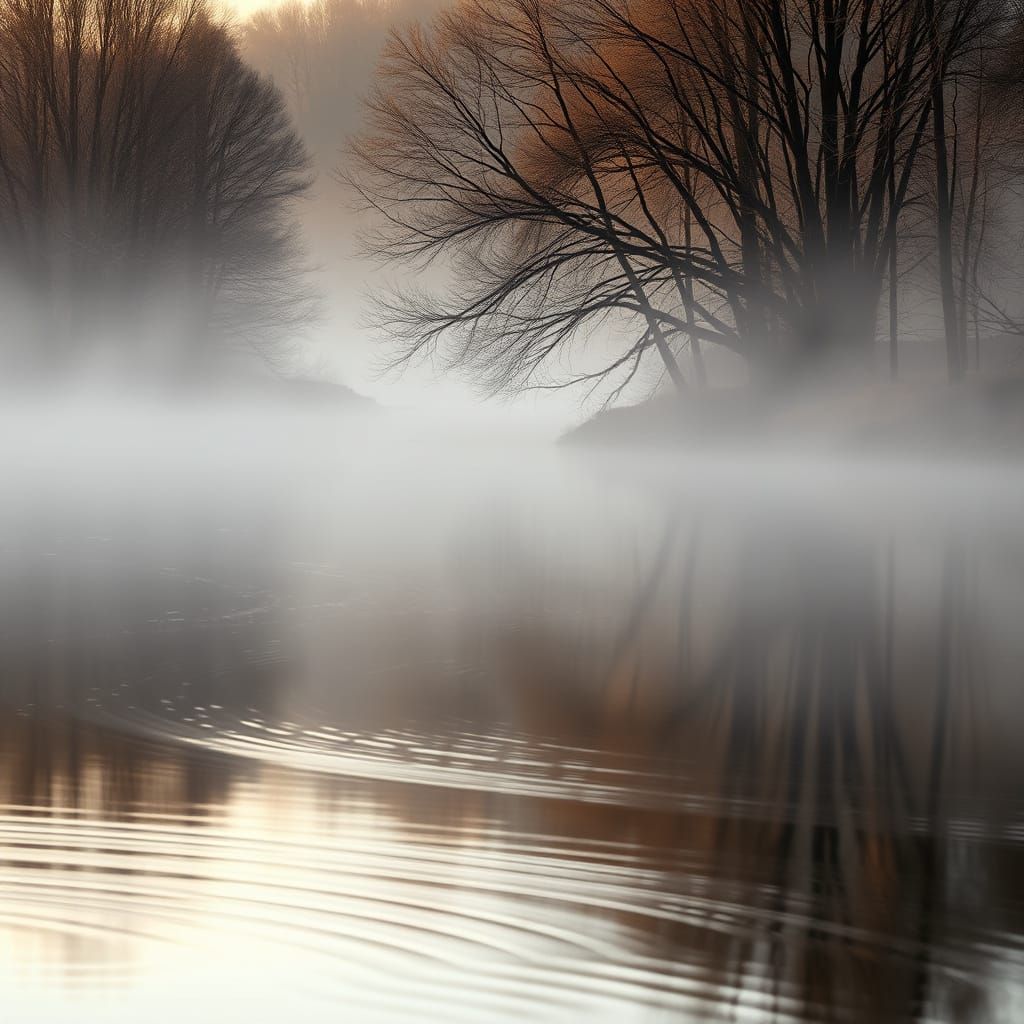 Misty River Landscape in Warm Golden Hour