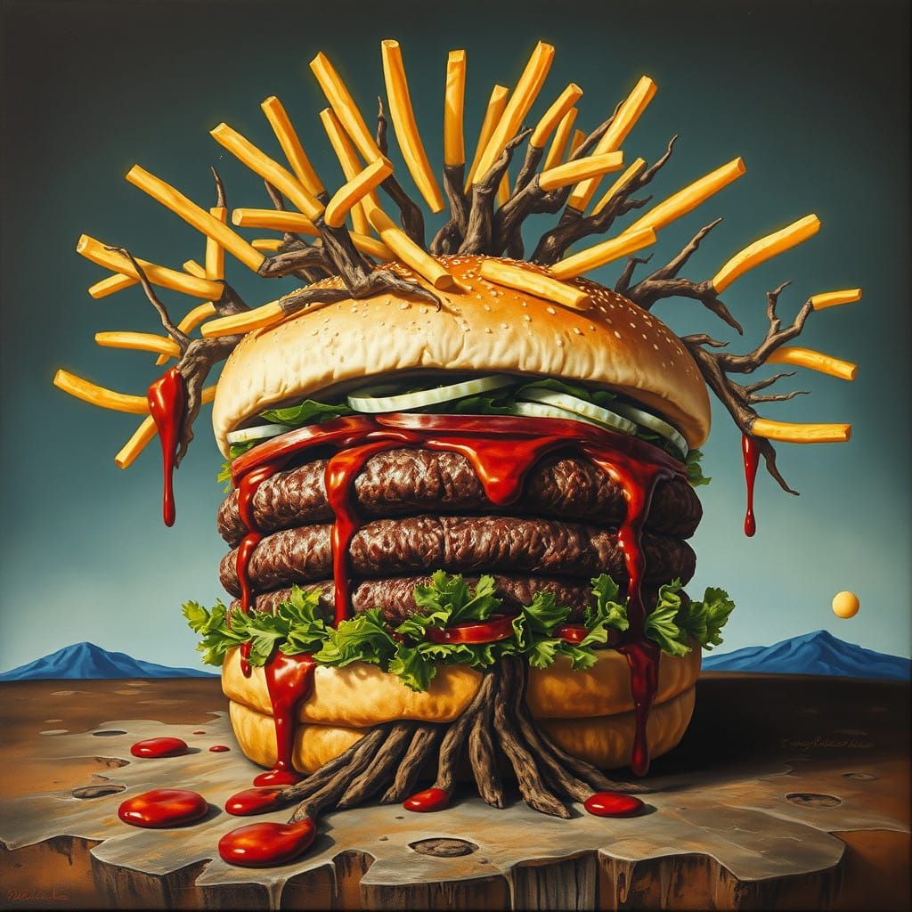 Giant hamburger tree with French fries as the tree braches #...