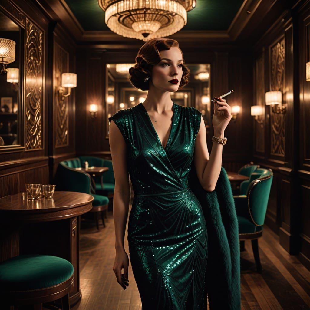 A young woman holds a cigarette holder and stands in a speak...