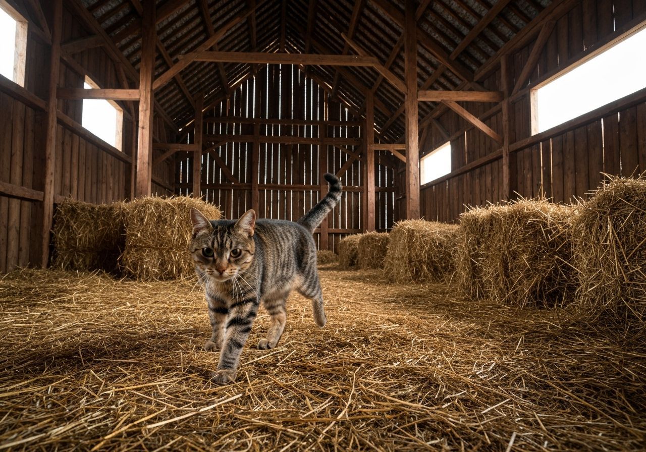 A tabby farm cat stalking intently through the interior of a...