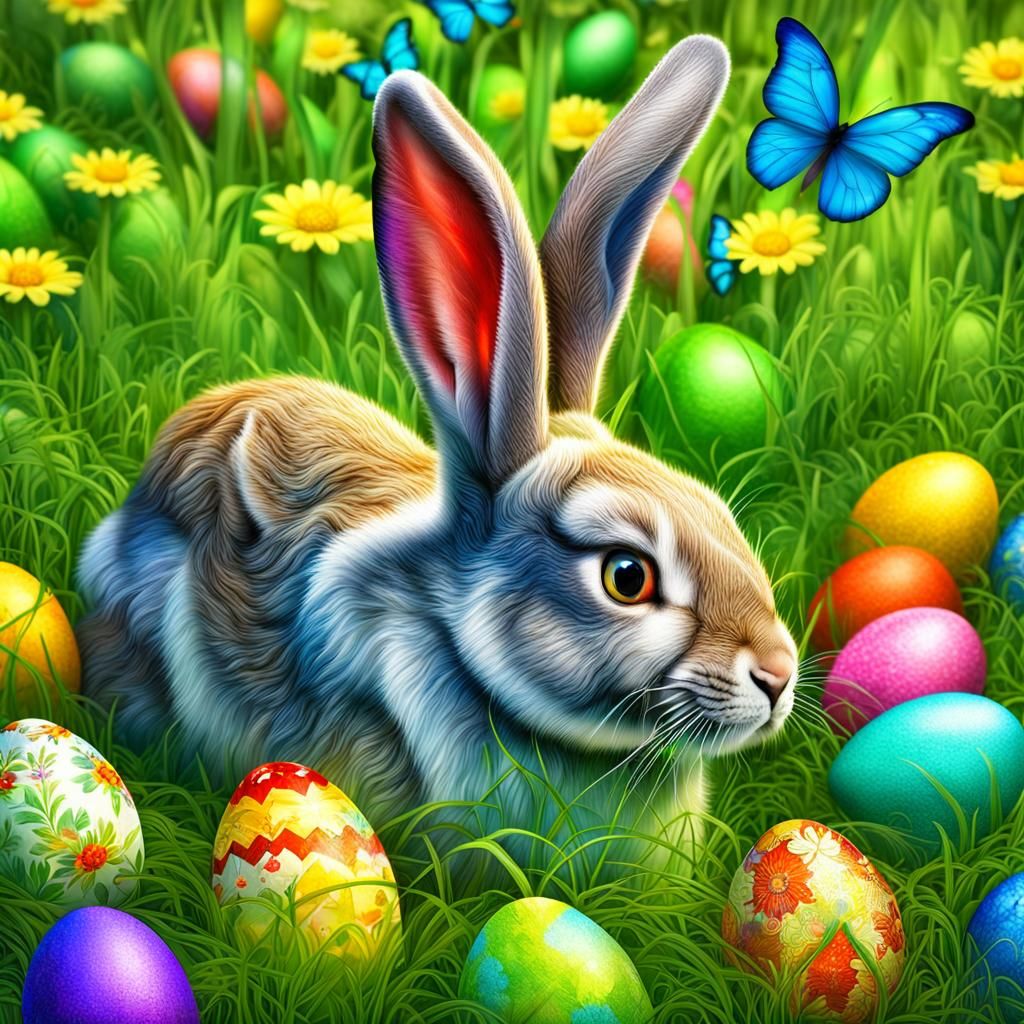Easter Bunny Hiding Eggs in Lush Meadow