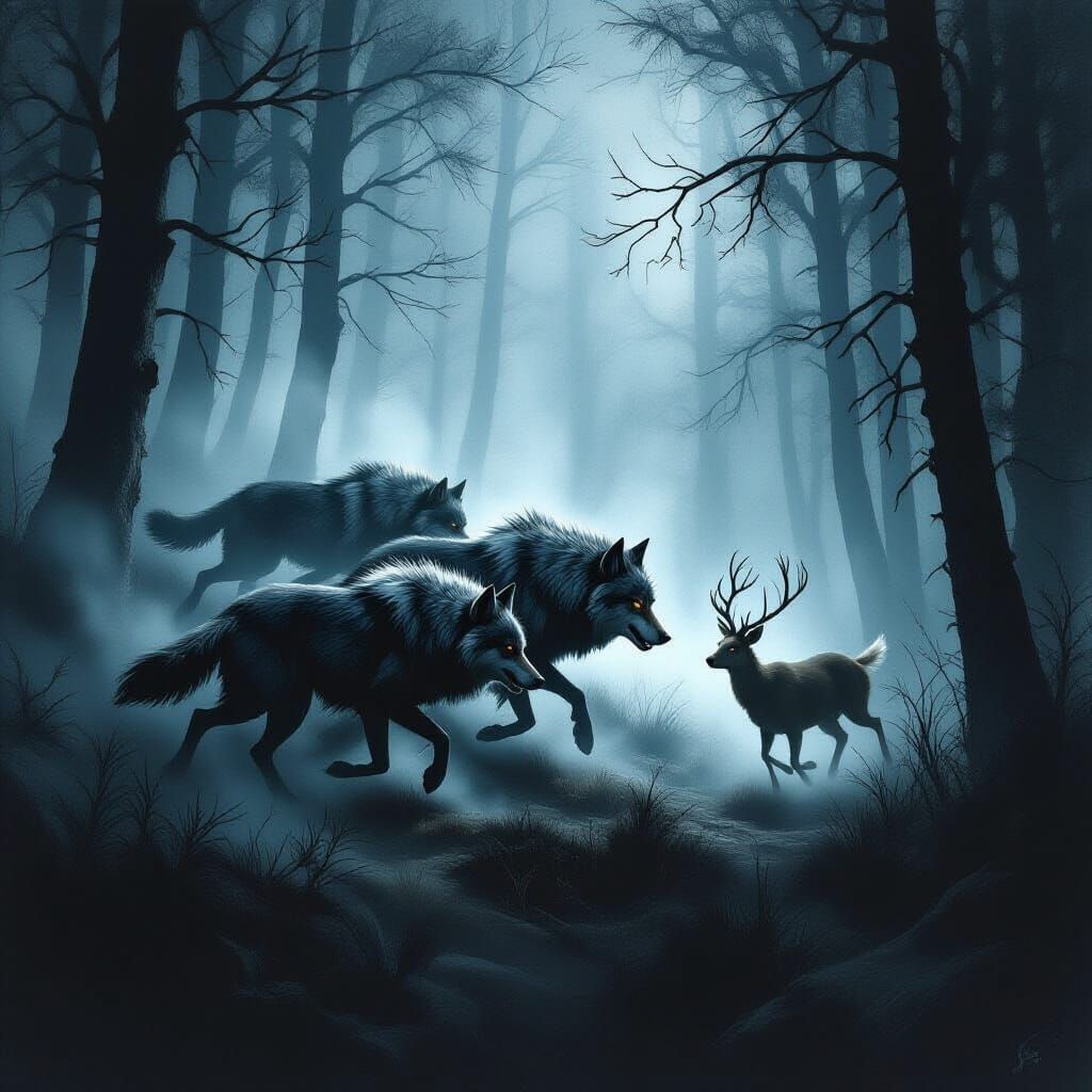 Wolves Hunt Fleeing Deer in Misty Forest