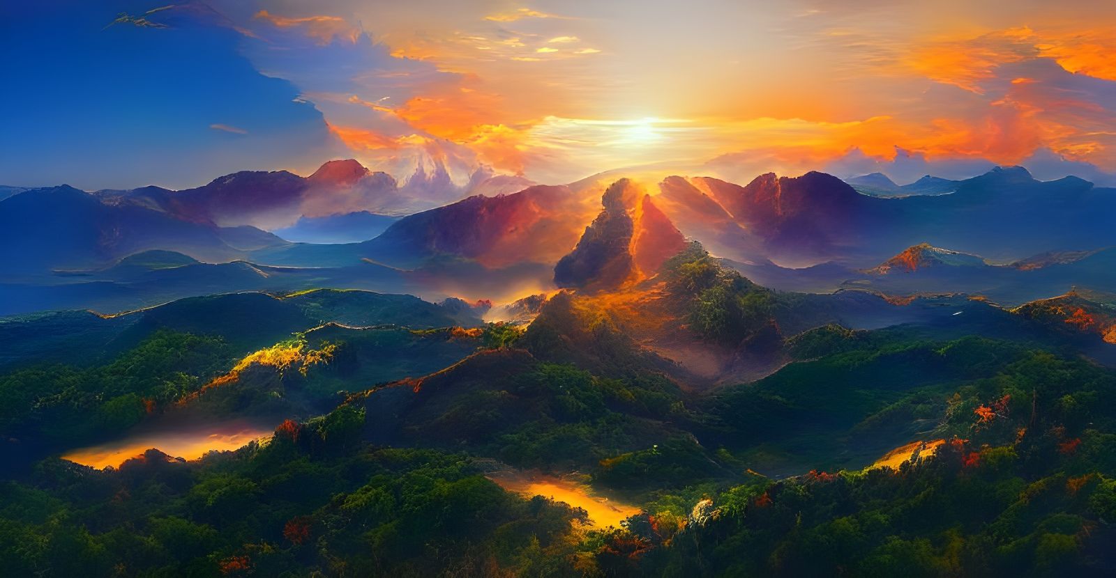 Lush Canyon Vista with Colorful Forest in Golden Light