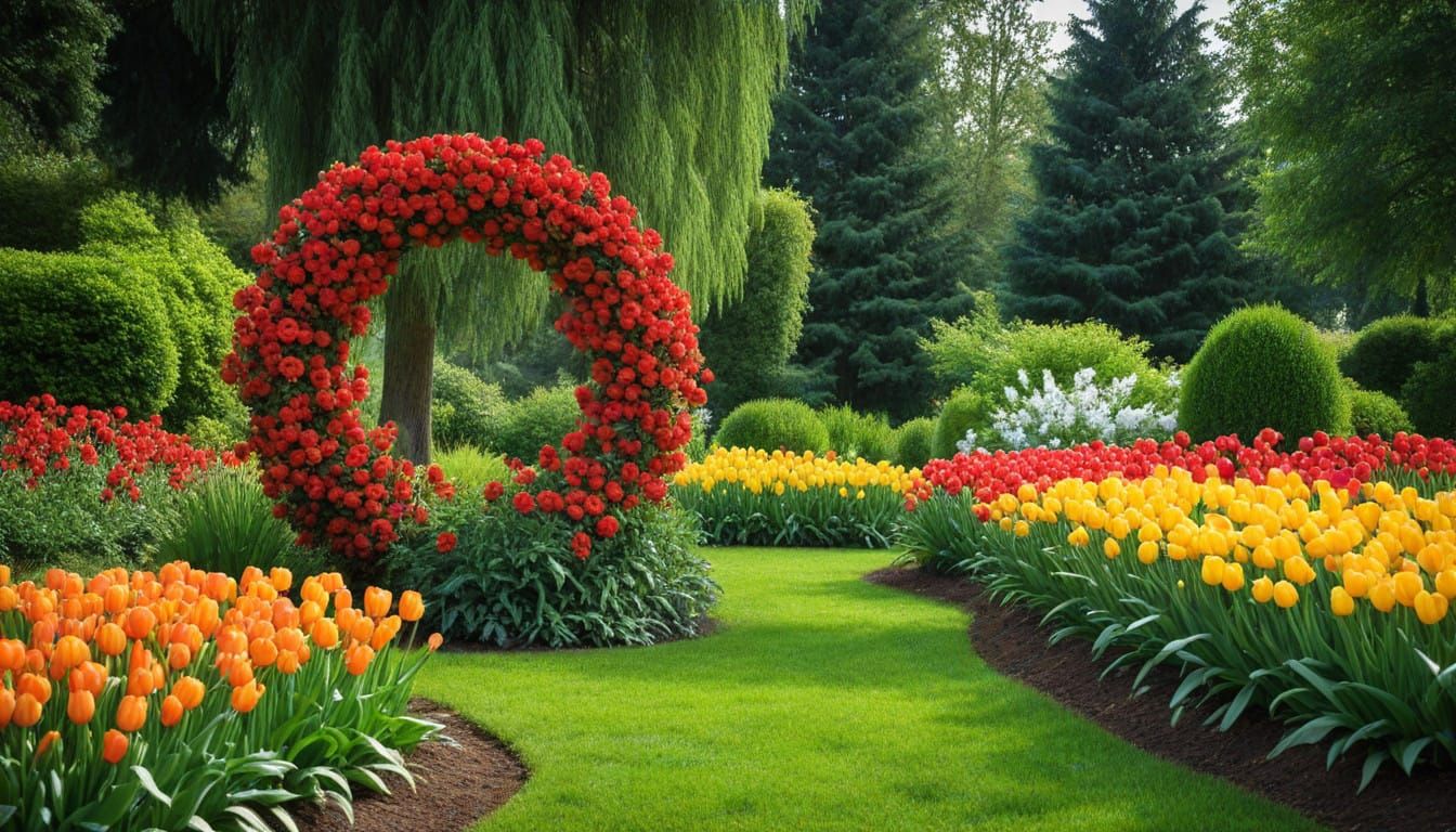 Vibrant Floral Wreath in a Colorful Garden Oasis