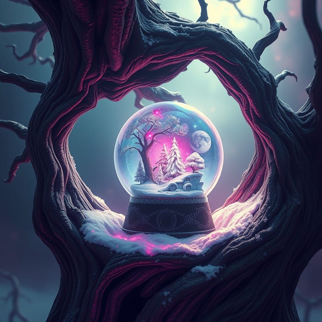 Ethereal Dreamscapes: Synthwave Snow Globe in Ancient Tree