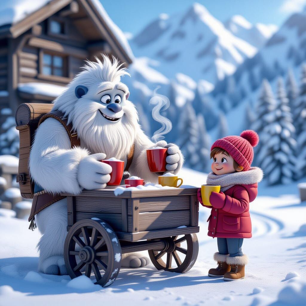 Friendly Yeti Serves Hot Cocoa on Snowy Mountain