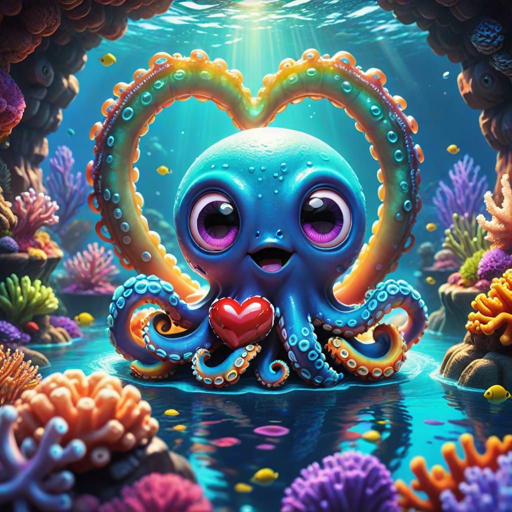 Cute Kawaii Octopus Twins in Heart Whirlpool with Vibrant Co...