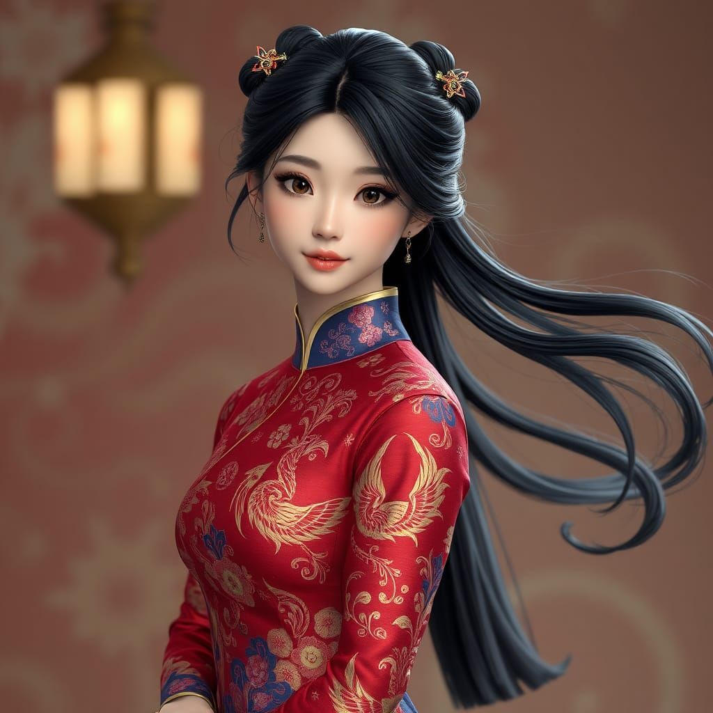 Elegant Woman in Chinese Dress: 3D Anime Art