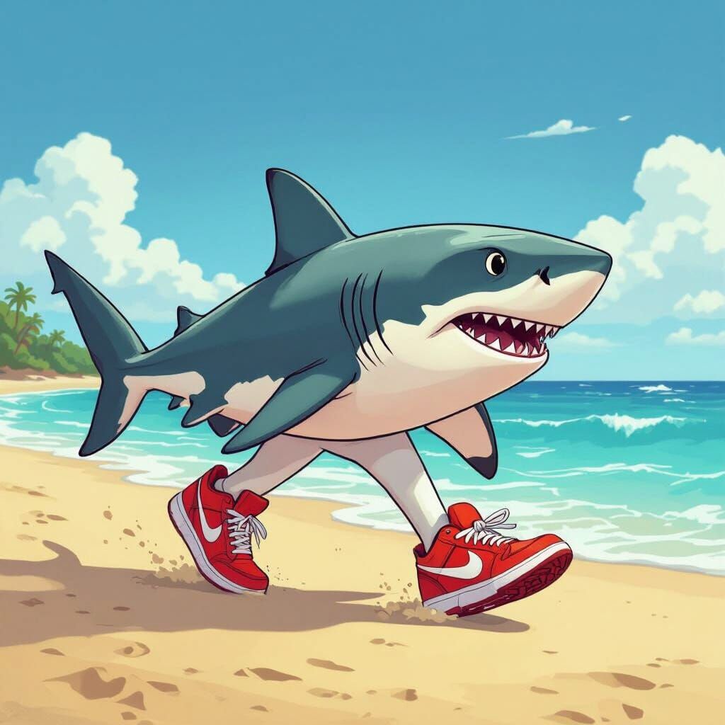 Humorous Cartoon Shark Walks Beach in Red Nike Sneakers