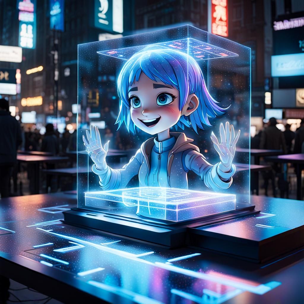 Holographic Girl Projection in Cyberpunk Neon City